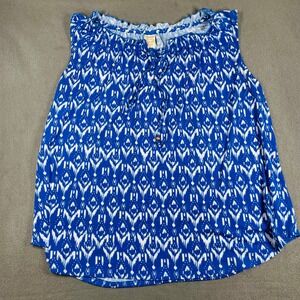 Boho Ikat Print Ruffle Neck Tank Size 2X Flowy Blue White Tie Front‎ Summercore